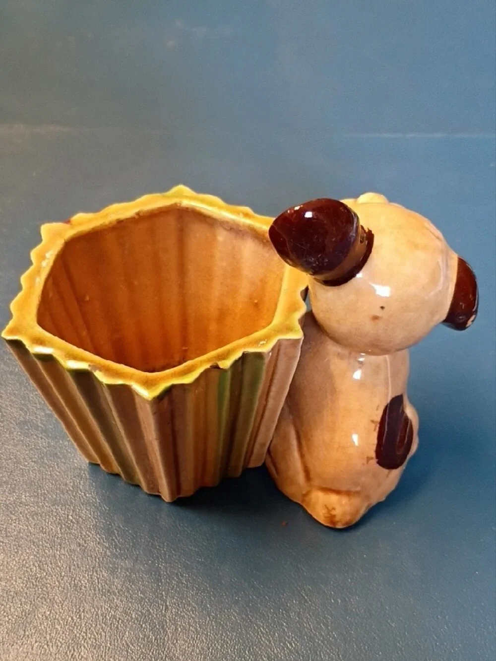 Yellow Ceramic Dog Treat Holder with Multicolor Striped Dish